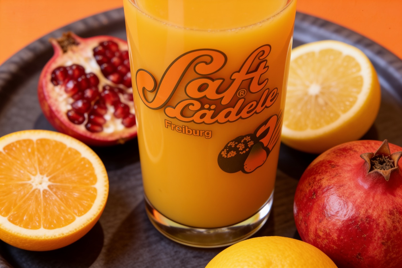 Frisch gepresster Saft im Saftlädele Glas, umgeben von Orangen, Granatapfel und Zitrone